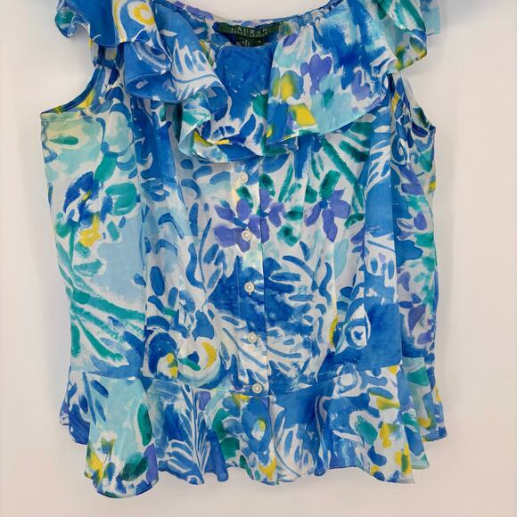 Ralph Lauren Blue Green Floral 100% Silk Ruffle Collar Top Size 12 - Picture 3 of 6
